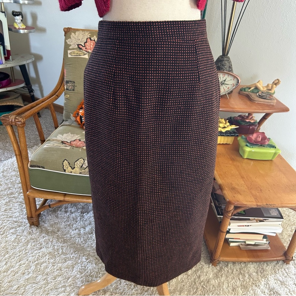 SOLD Retro Skirt 1950s Style Pencil Black Orange Wool Vivien Of Holloway UK 16 - Picture 3 of 8
